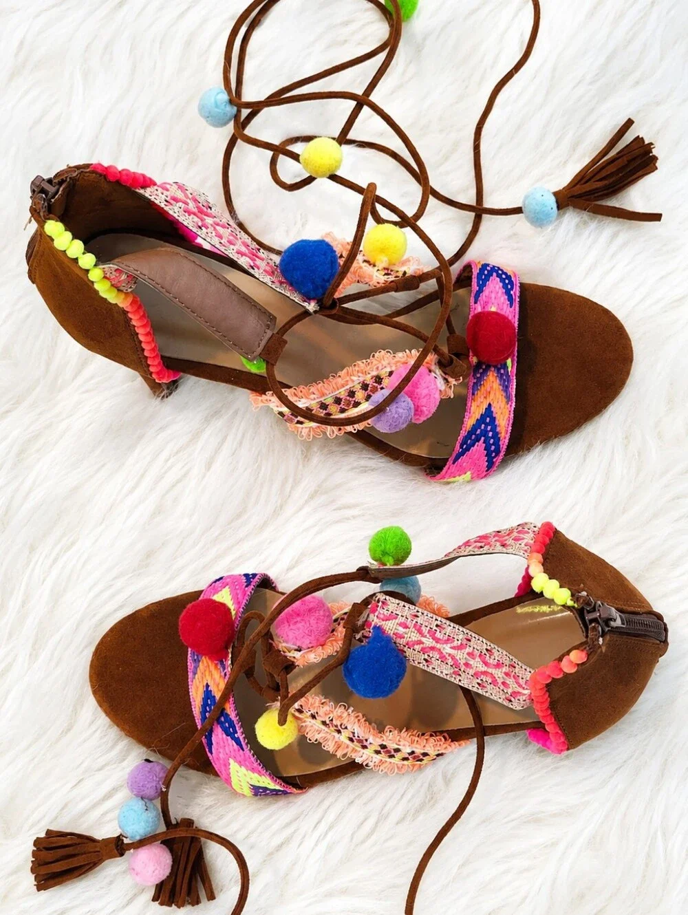 Anne Michele Boho Pom-Pom Lace-Up Sandals - Brown with Multicolor Accents SIZE 9